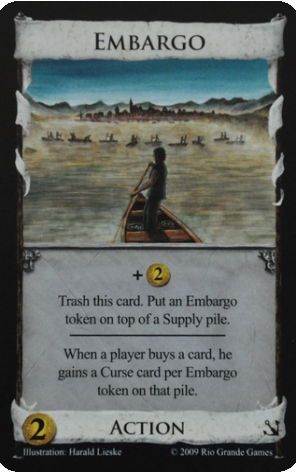 Embargo This is the "embargo" playing card from the game Dominion.