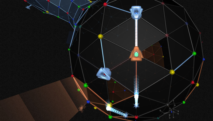 Two robots battle on a bizarre, buckyball-esque world.