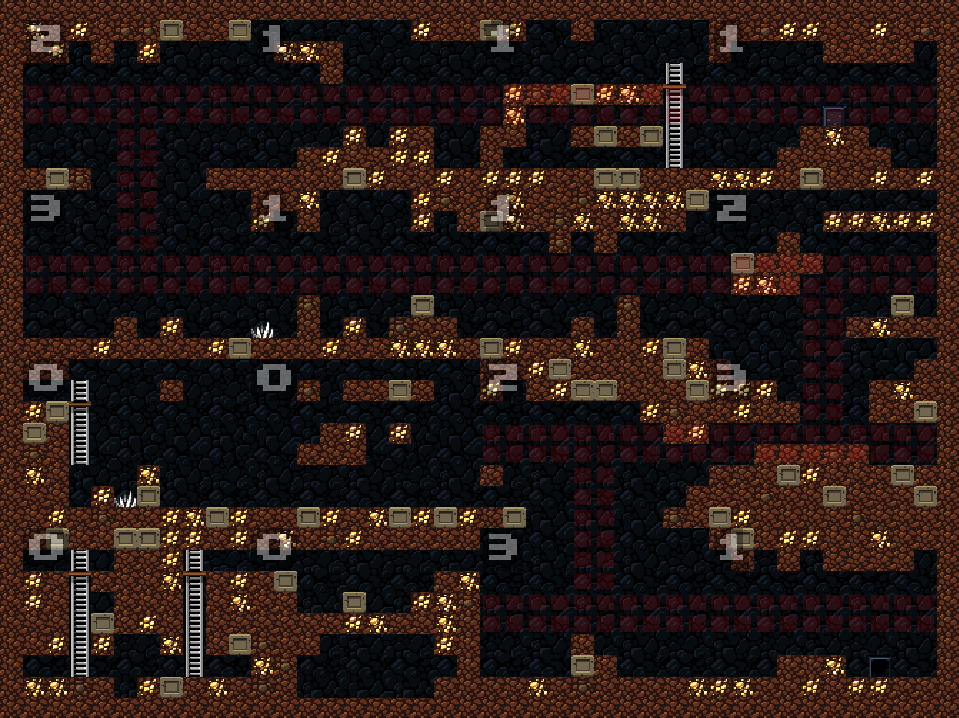 Screenshot of the generator. It shows a Spelunky level, zoomed out, with annotations.